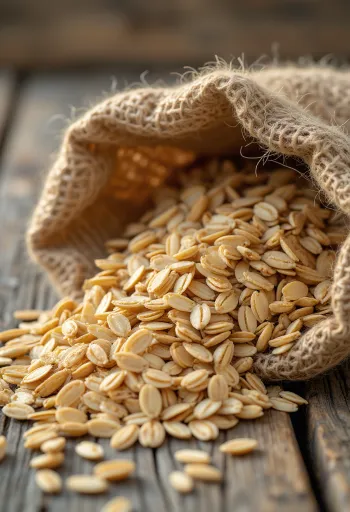 Boabe de ovăz curățate într-un sac mic și împrăștiate pe o suprafață de lemn