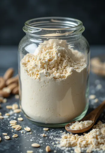 Făină fină de ovăz în bol ceramic, presărată pe suprafață de lemn