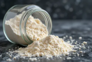 Făină fină de ovăz în bol ceramic, presărată pe suprafață de lemn