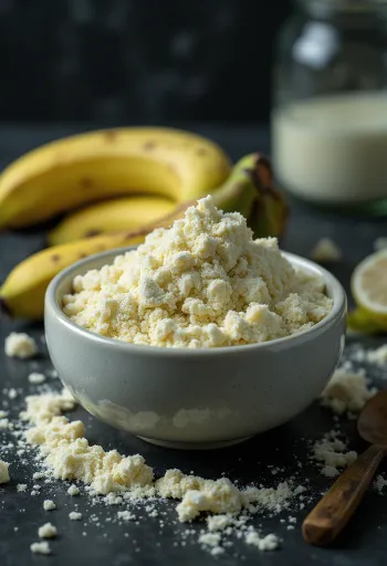 Făină de banane verzi în bol și lingură, alături de banane verzi