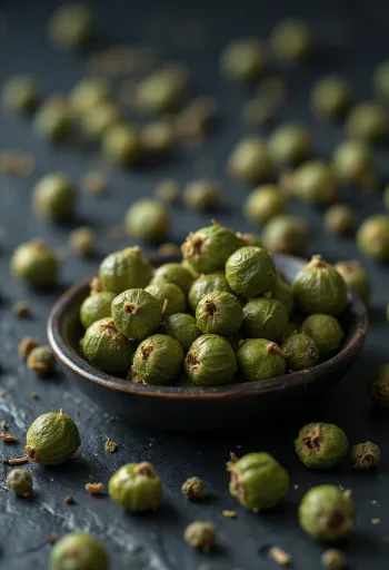 boabe de piper verde în bol de ceramică și pe suprafață de bucătărie