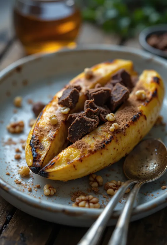 Banane la grătar BBQ cu scorțișoară și ciocolată servite