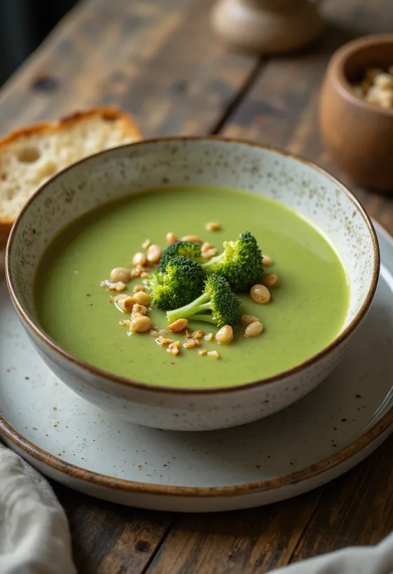 Supă cremă de broccoli cremoasă servită cu crutoane crocante.