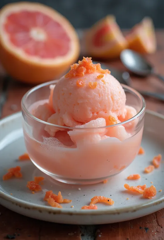 Sorbet de grapefruit servit în bol de sticlă pe o masă de vară
