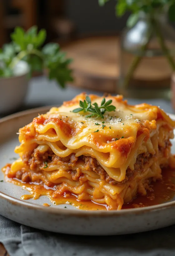 Lasagna clasică servită cu busuioc proaspăt