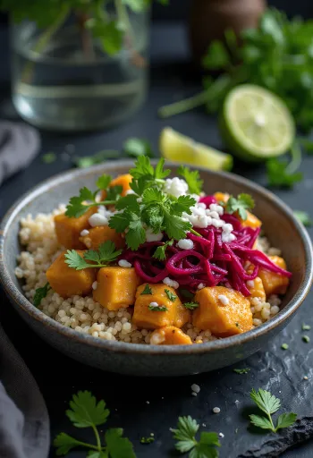 Buddha Bowl cu quinoa, lime și tofu curry cu sfeclă servit