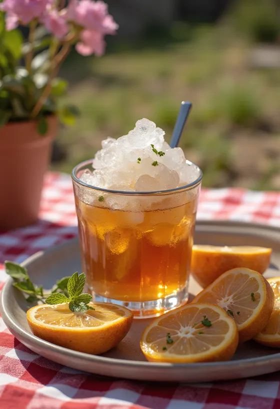 Cocktail Mint Julep decorat cu frunze de mentă și gheață pisată