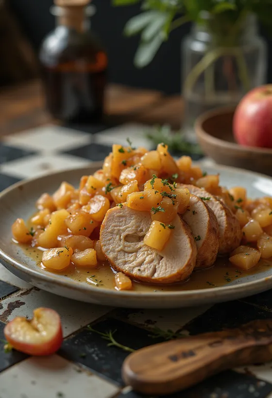 Pork loin servit cu compot de mere și ornat cu cimbru proaspăt
