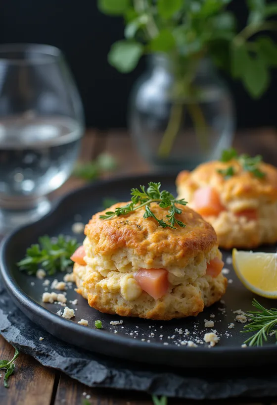 Scone cu somon afumat, prăjituri aurii cu crustă crocantă