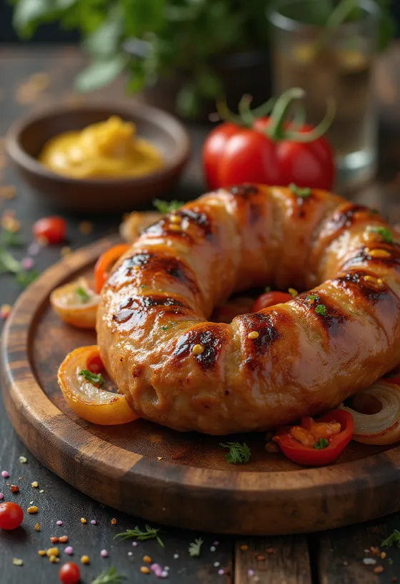 Cârnați prăjiți auriu, cu coajă crocantă și serviți cu verdețuri proaspete