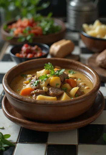 Tocană cu ceai de unt de iac servită într-un bol rustic cu ierburi proaspete.