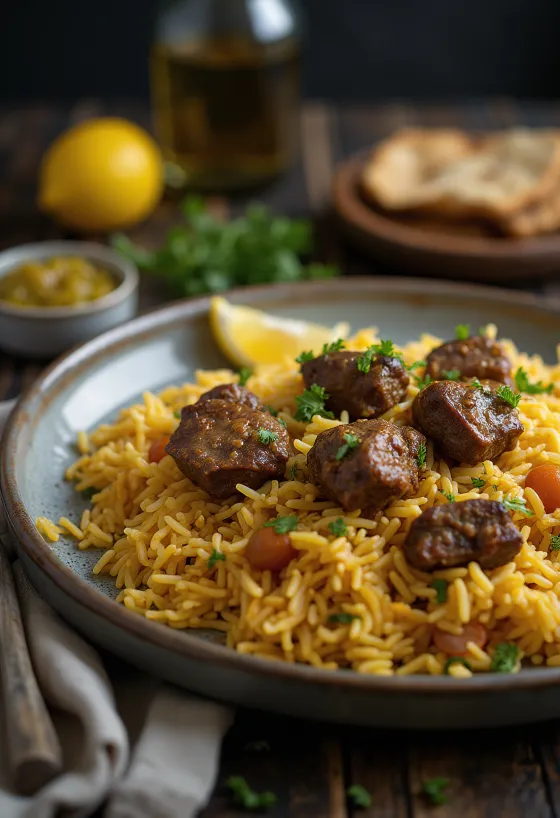 Biryani cu carne de miel, carne condimentată bogată și orez basmati, decorat cu coriandru și mentă proaspătă.