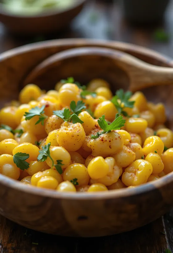Esquites cu maioneză, porumb proaspăt, servit cu coriandru și lime