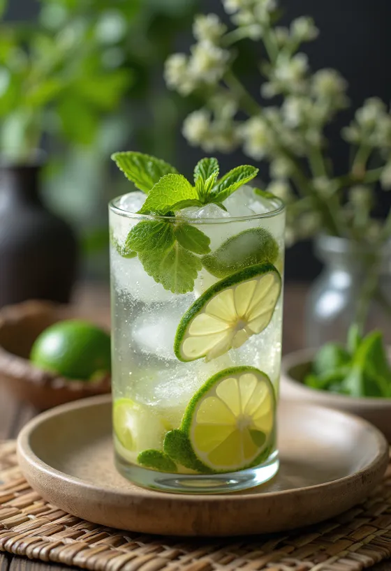 Mojito decorat cu frunze proaspete de mentă și felii de lime