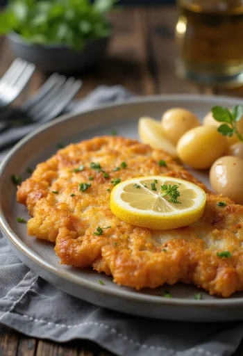 Pork schnitzel cu cartofi, carne de porc crocantă și cartofi cu unt