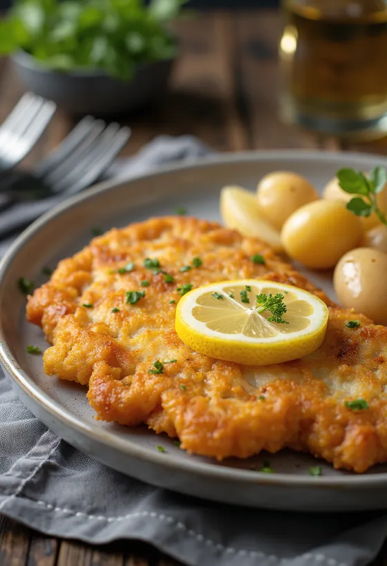 Pork schnitzel cu cartofi, carne de porc crocantă și cartofi cu unt
