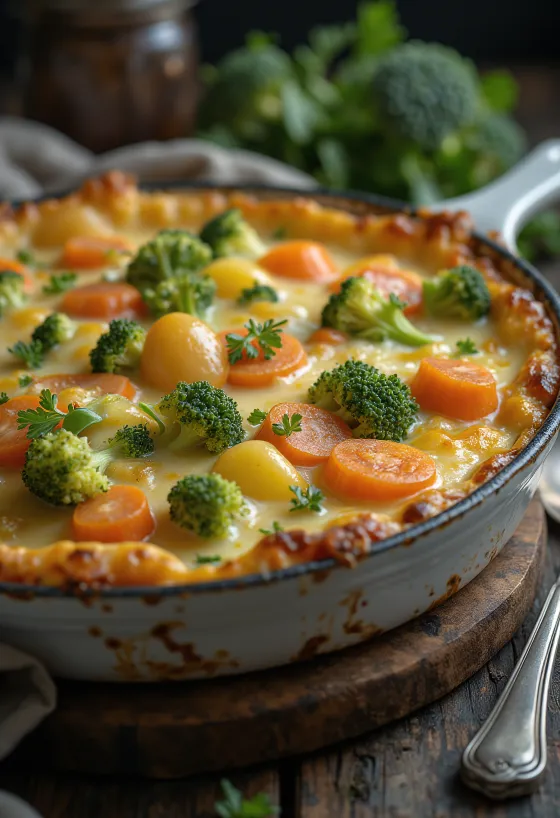 Gratin de legume stratificat, copt cu brânză și condimente.