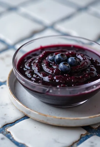 Sos de oțet balsamic cu afine și chili într-un bol, decorat cu afine proaspete și felii de chili.