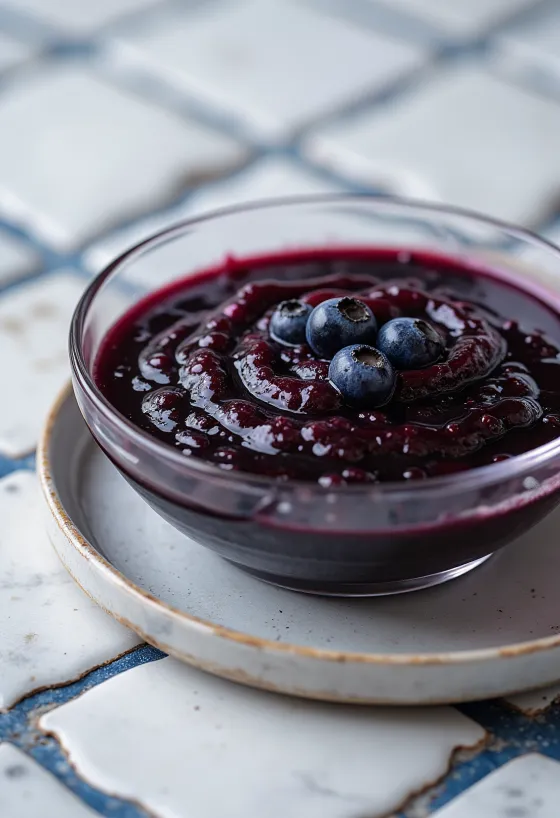 Sos de oțet balsamic cu afine și chili într-un bol, decorat cu afine proaspete și felii de chili.