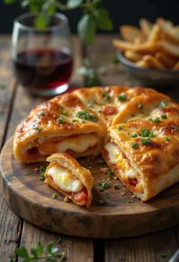 Calzone cu busuioc, cu crustă aurie, umplut cu busuioc și brânză