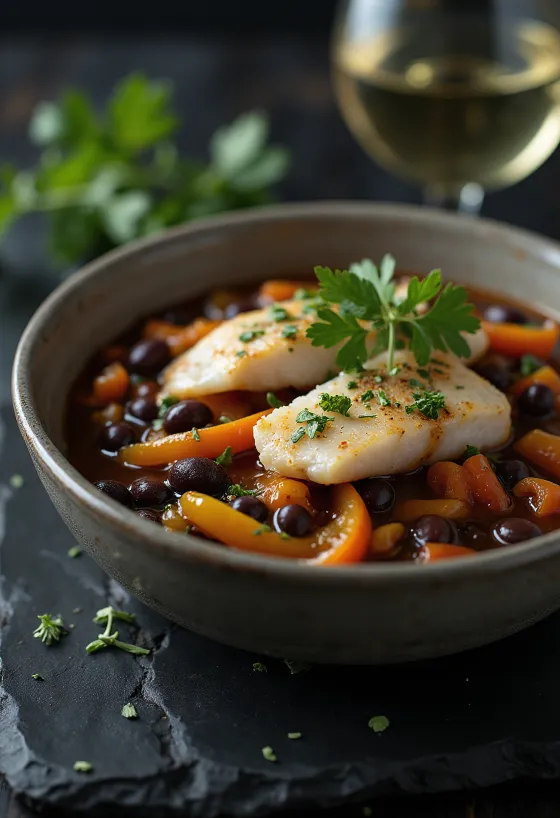 Feijoada cu pește afumat, servită cu coriandru proaspăt