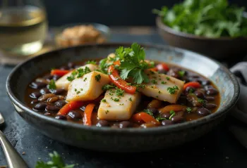 Feijoada cu pește afumat, servită cu coriandru proaspăt
