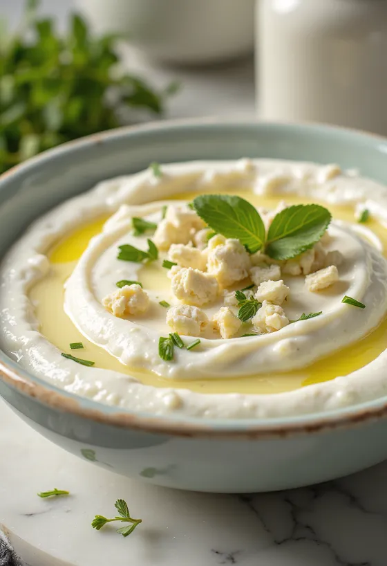 Sos de iaurt cu feta și mărar servit cu lipie pita proaspătă
