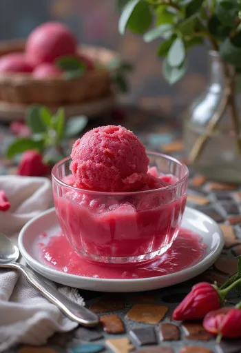Sorbet de hibiscus roșu intens în bol de porțelan