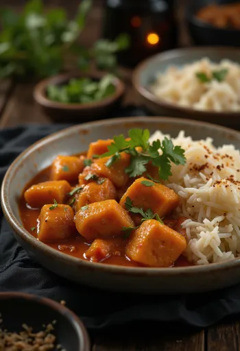 Pork Vindaloo servit cu orez și coriandru proaspăt