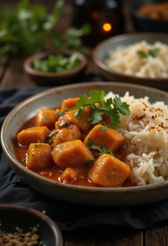 Pork Vindaloo servit cu orez și coriandru proaspăt
