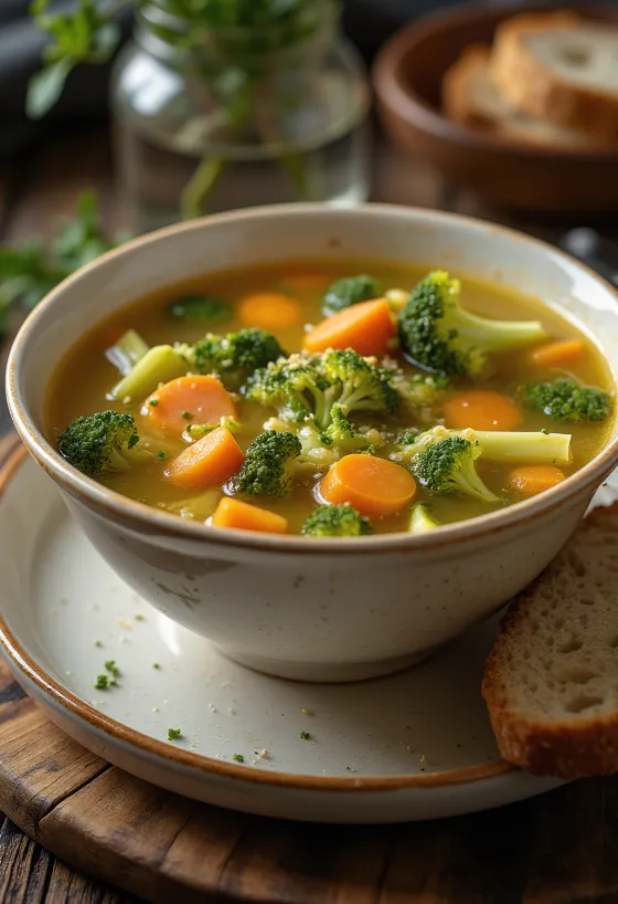 Supă de legume prebiotică cu broccoli, morcov, țelină servită, presărată cu pătrunjel proaspăt