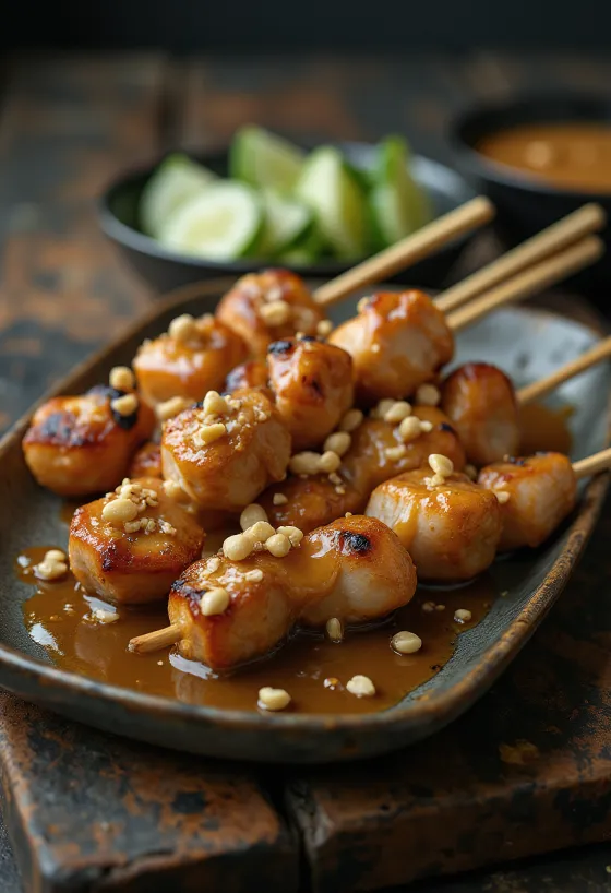 Satay de porc, carne de porc la grătar în marinadă de unt de arahide