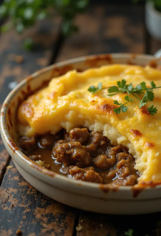 Shepherd’s pie servită cu un strat crocant de piure de cartofi