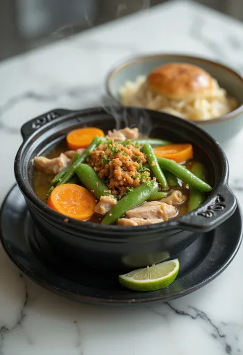 Sinigang cu carne servit, legume bogate și kalamansi proaspăt