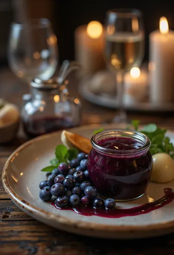 Sos de oțet balsamic cu afine și rozmarin în sticlă și servit