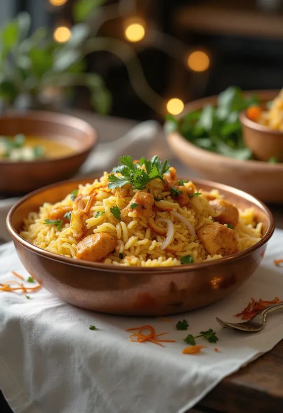 Biryani cu pui, decorat cu coriandru proaspăt și mentă