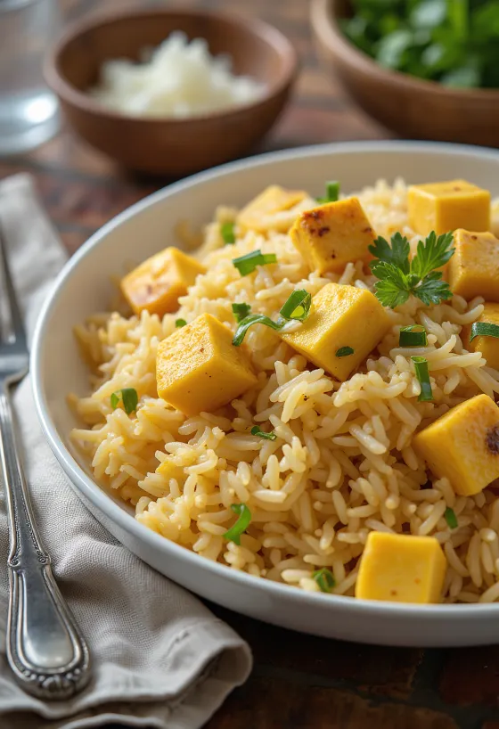 Biryani cu paneer bogat, condimentat și orez basmati, ornat cu coriandru proaspăt și mentă.