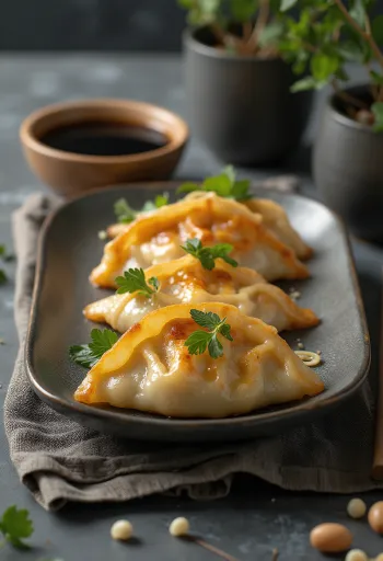 Gyoza cu sos de soia servită, decorată cu ceapă verde proaspătă