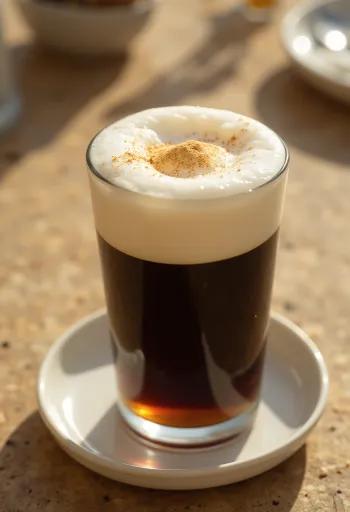 Irish coffee cu spumă în pahar, decorat cu frișcă și ciocolată rasă