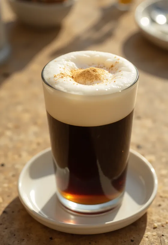 Irish coffee cu spumă în pahar, decorat cu frișcă și ciocolată rasă