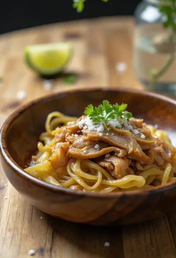 Kalua pork cu varză, carne suculentă și legume proaspete servite.