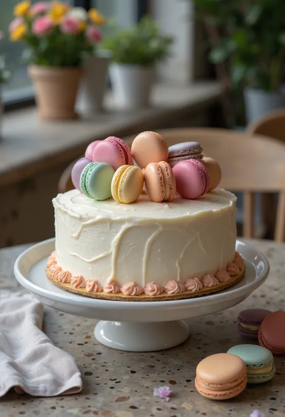 Tort decorat cu macarons de mai multe culori