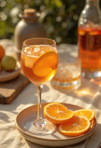Cocktail Aperol cu portocale servit cu felie de portocală și gheață
