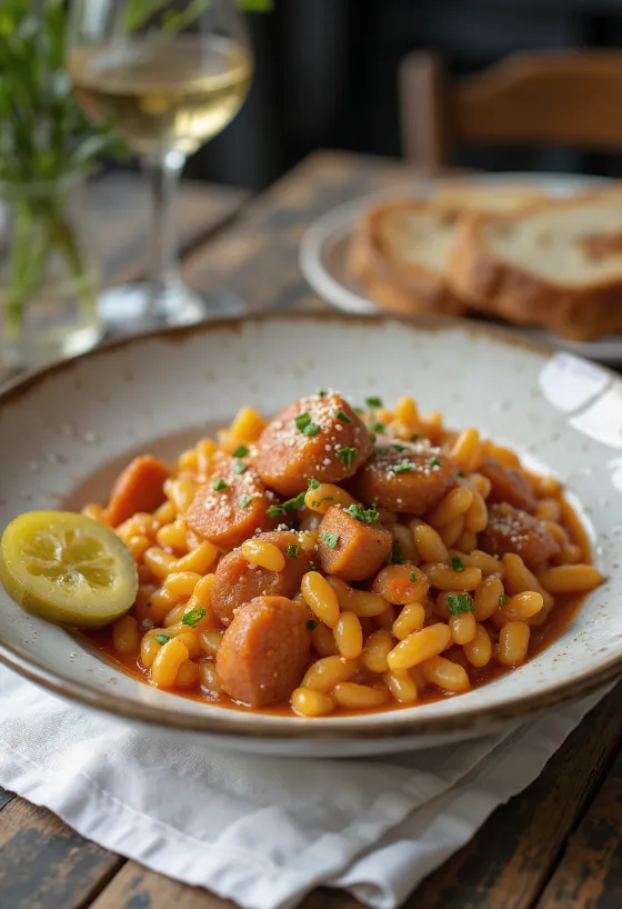 Tarhonya păstorească cu cârnați afumați și cartofi, presărată cu pătrunjel proaspăt