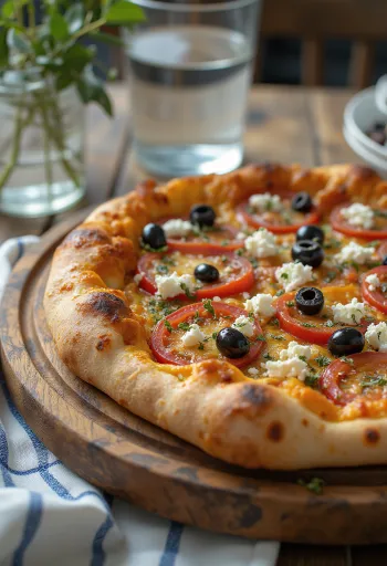 Pizza Greca cu brânză feta, măsline negre și roșii proaspete