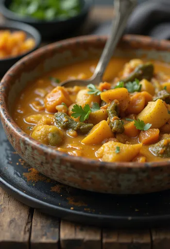 Curry vegan cu legume suculente și ornat cu coriandru proaspăt