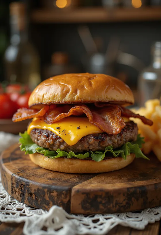 Burger la grătar cu brânză cheddar și bacon