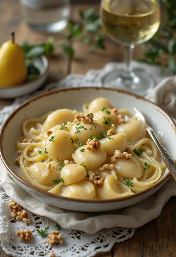 Gnocchi cu pere și gorgonzola servite