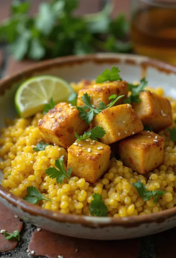 Tofu prăjit cu lime și bază de quinoa curry