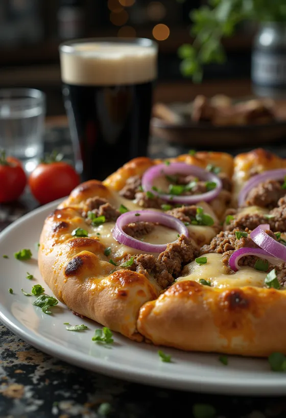 Pizza irlandeză cu vită servită